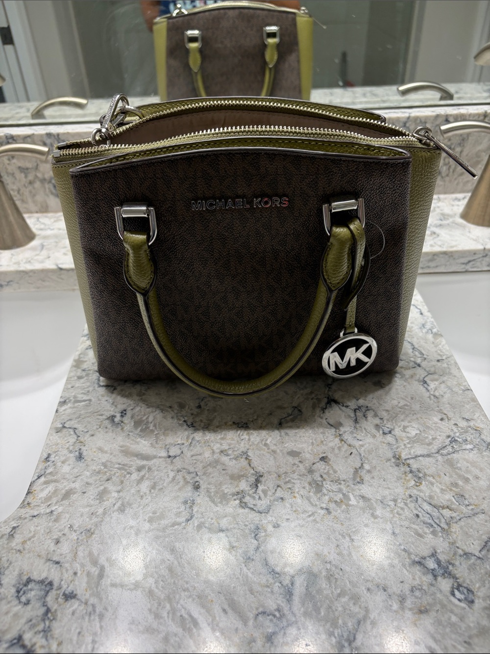 Michael Kors Olive Green and Brown Logo Mini Satchel